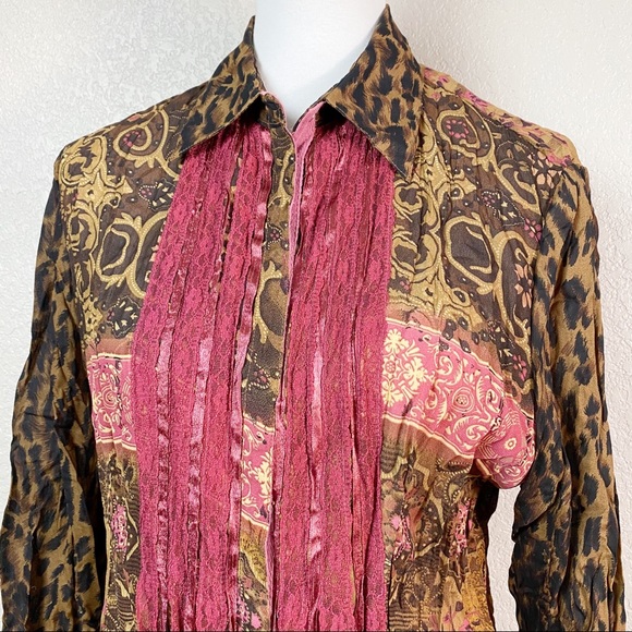 Vintage Y2K Boho Leopard Mixed Print Lace Ribbon Snap Shirt Lg - Picture 2 of 10